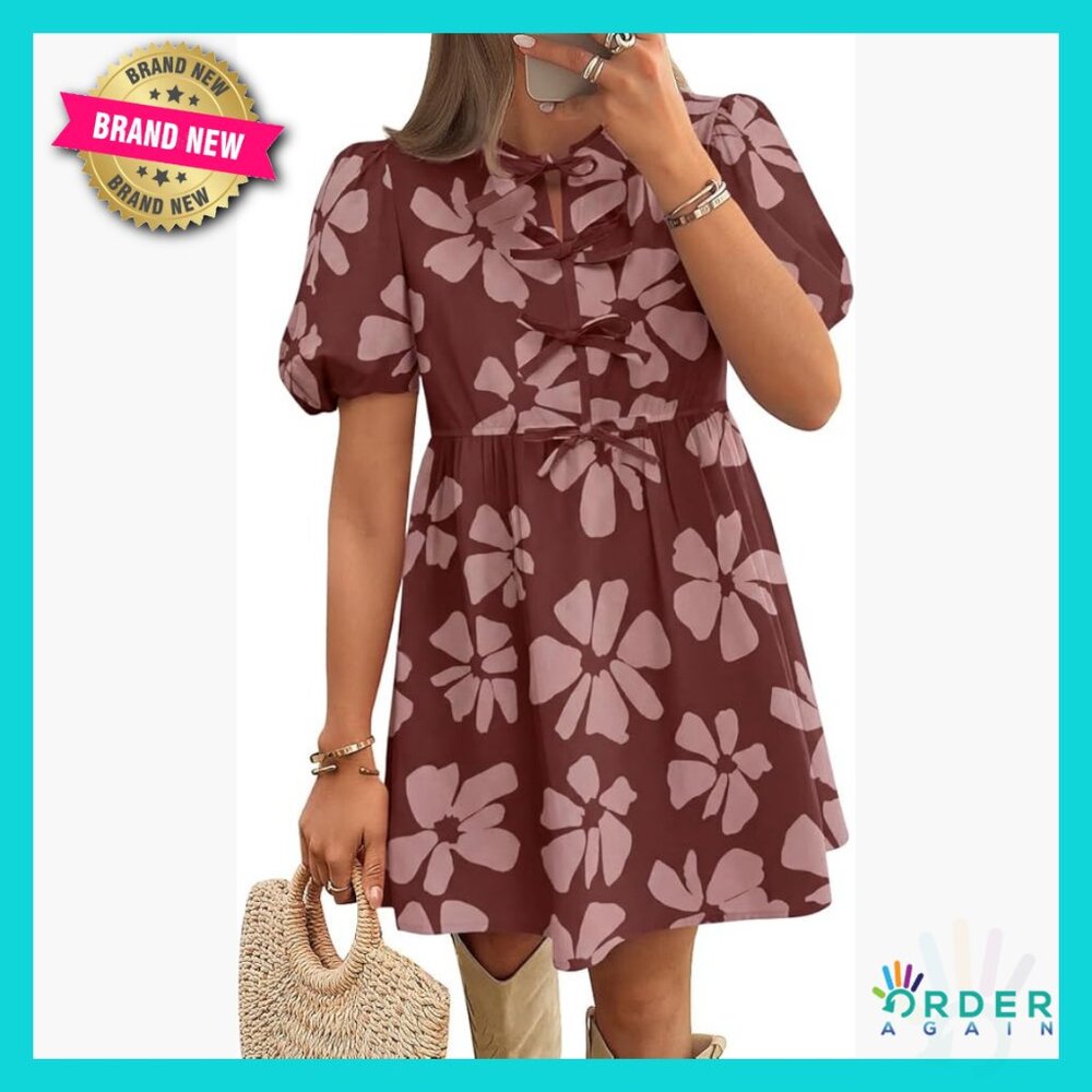 Short Sleeve Tie Front Mini Dress Babydoll Ruffle Pleated A Line Chic